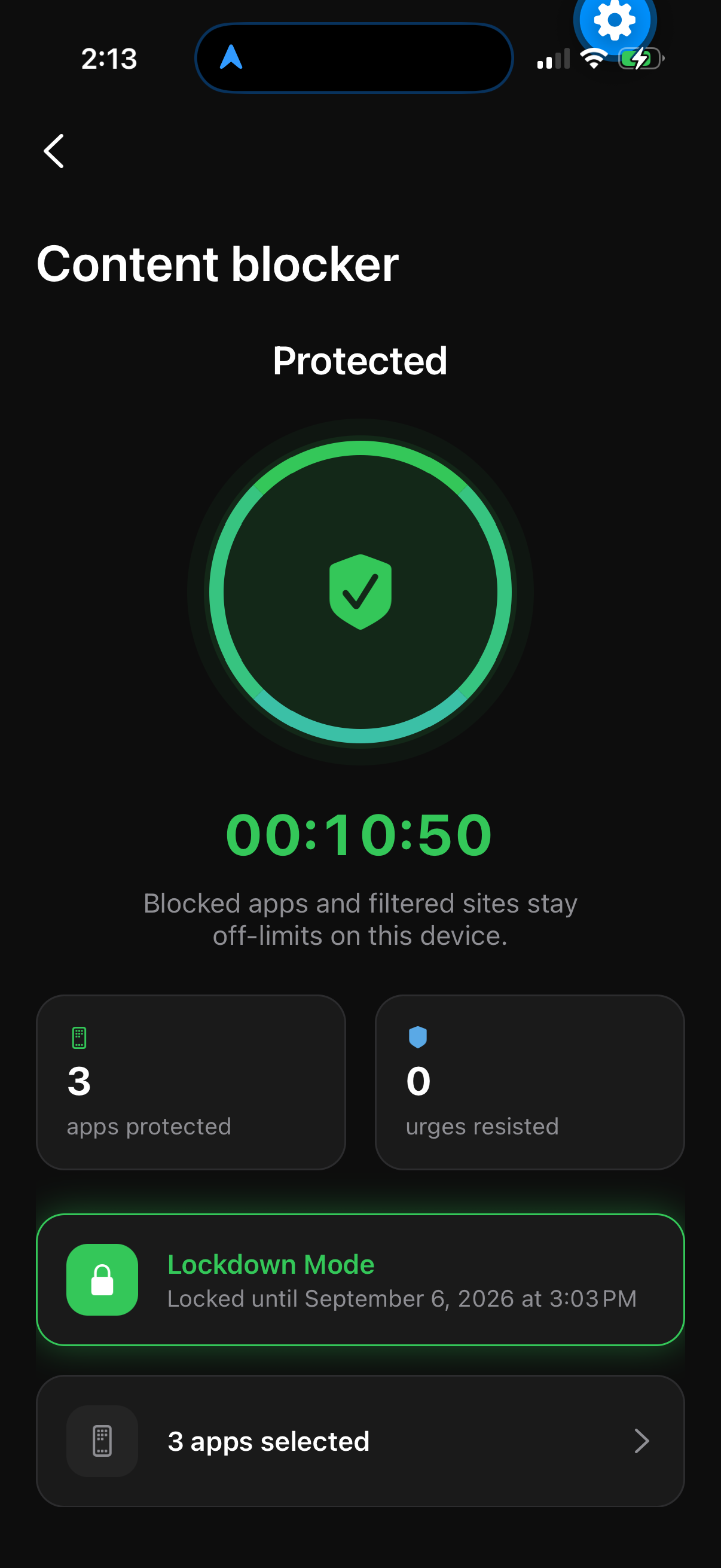 Reform's content blocker screen, showing Protected status